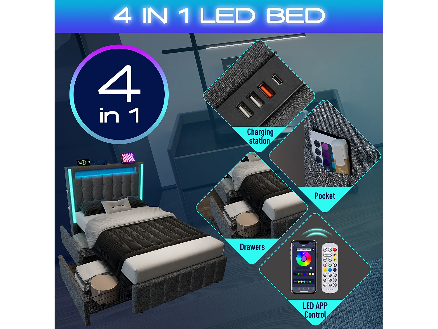 Bed met 2 laden 90x200cm gestoffeerd in linnen - met laadfunctie en LED-verlichting - Grijs