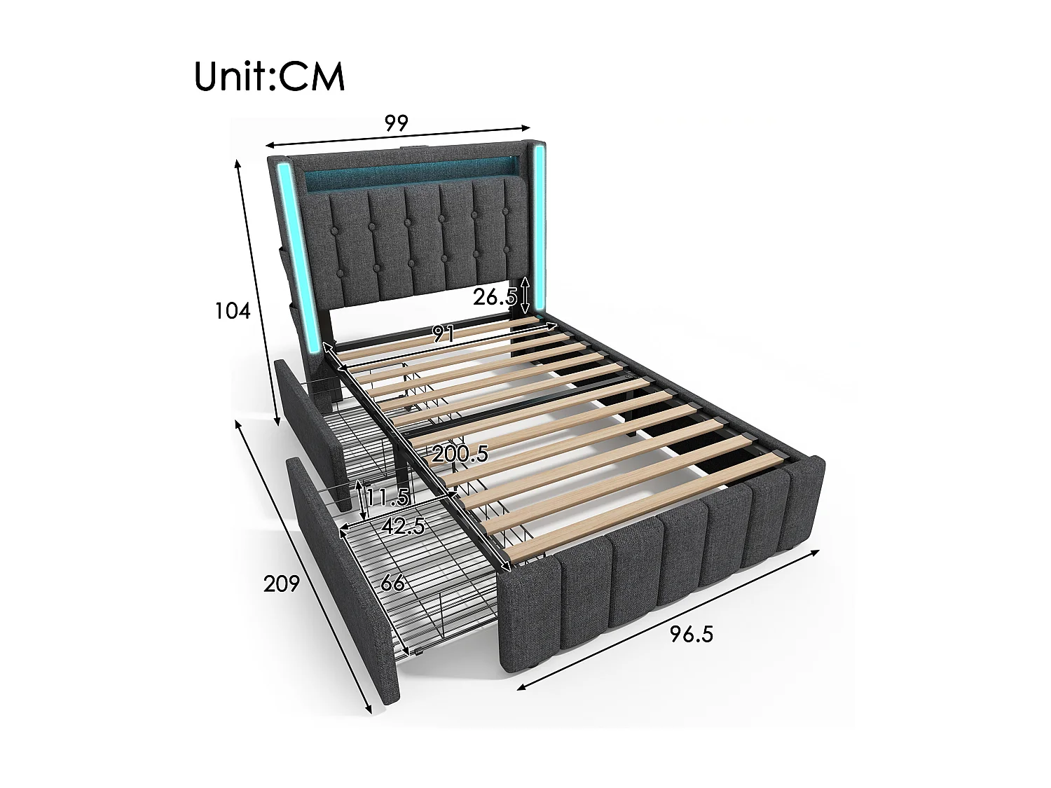 Bed met 2 laden 90x200cm gestoffeerd in linnen - met laadfunctie en LED-verlichting - Grijs