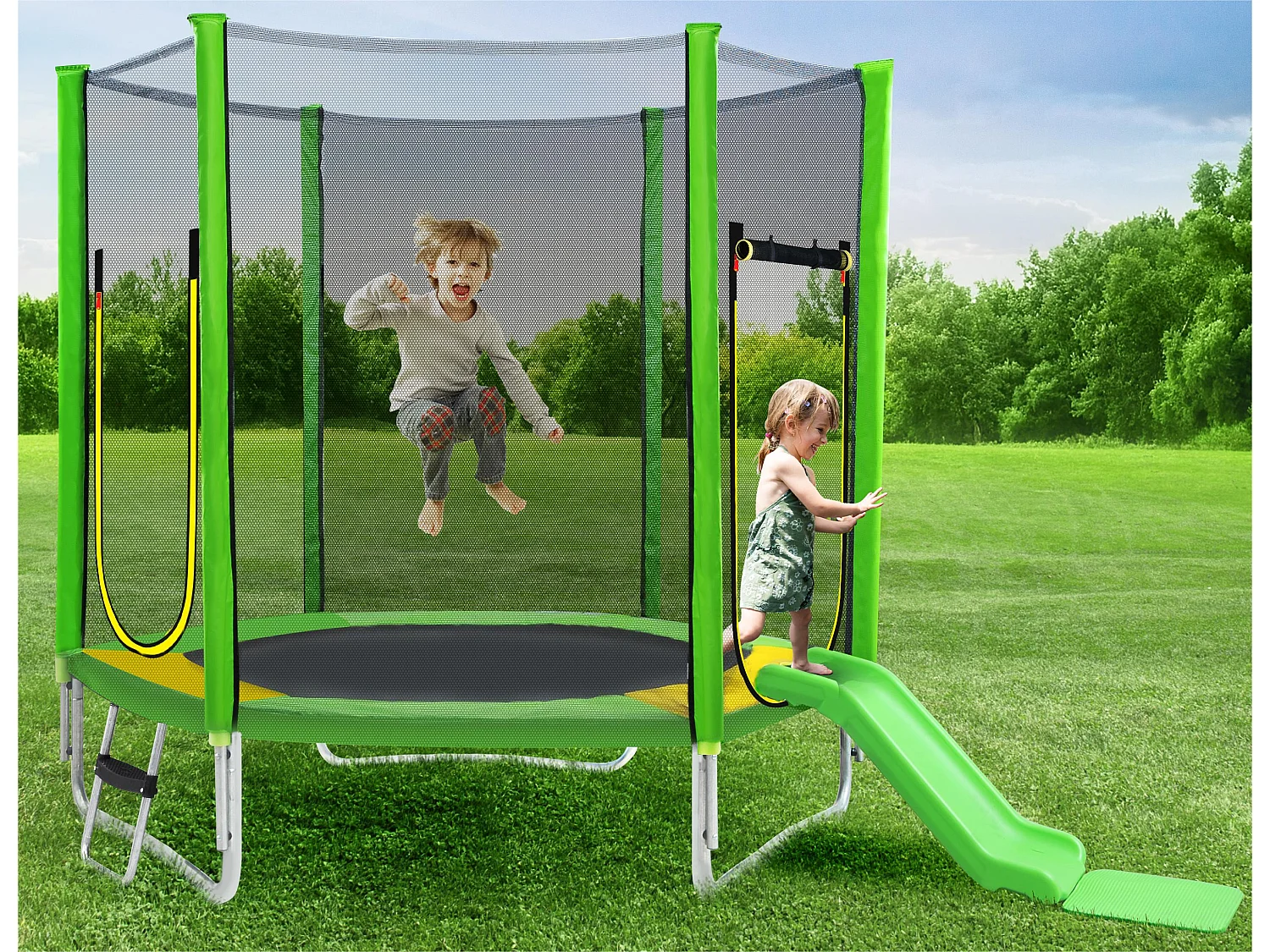 TÜV Rheinland zertifiziertes Gartentrampolin für den Außenbereich – inklusive Rutsche, Sicherheitsnetz und Zubehör – geeignet für Kinder ab 3 Jahren – Grün