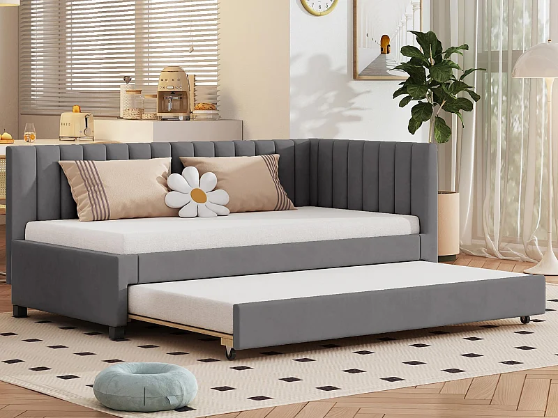 Einzelbett 90x200 cm mit Ausziehbett – mit Samt gepolstert und Lattenrost – Grau
