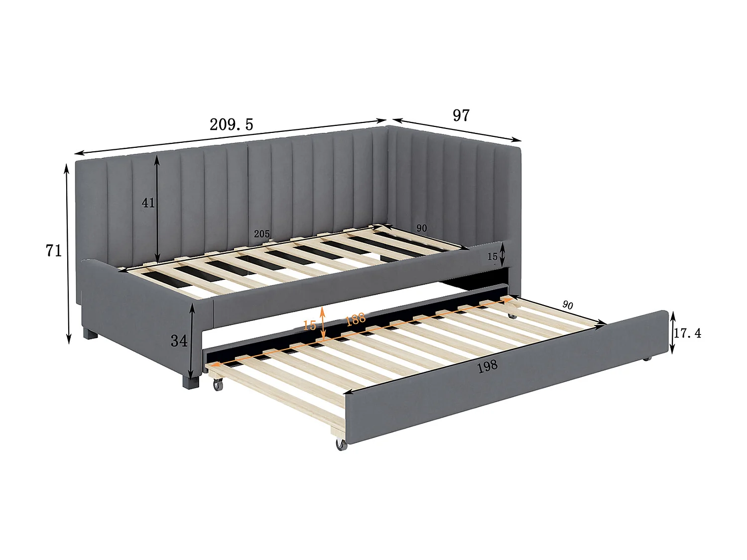 Cama individual 90x200 cm com cama de gavetão - forrada a veludo com base de ripas - Cinza