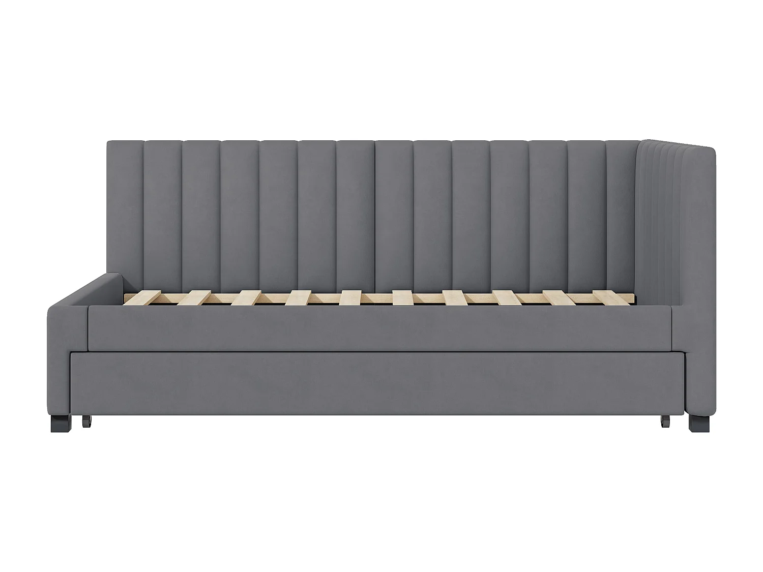 Cama individual 90x200 cm com cama de gavetão - forrada a veludo com base de ripas - Cinza