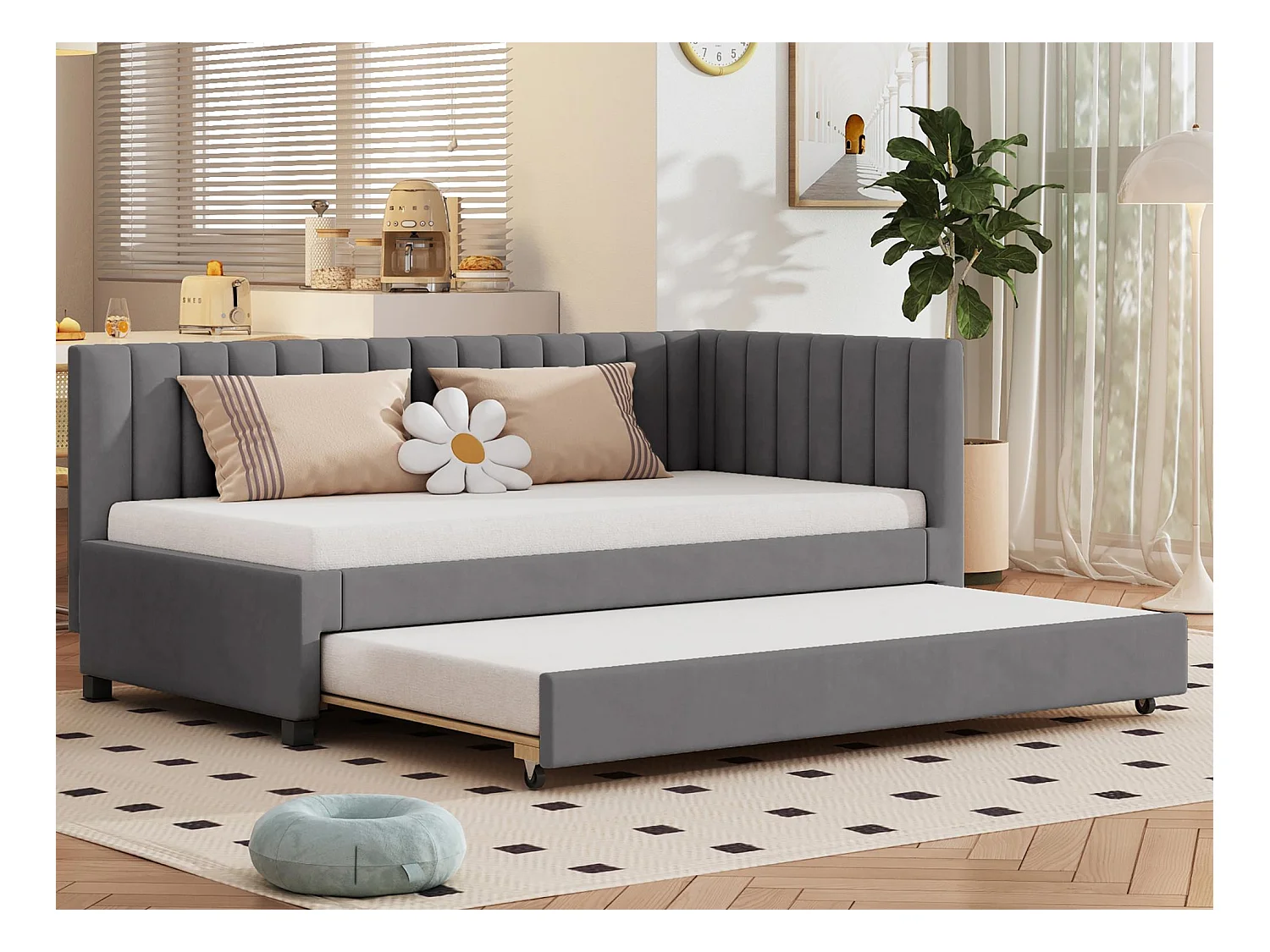 Lit simple 90x200 cm avec un lit gigogne - rembourré en velours avec sommier à lattes - Gris