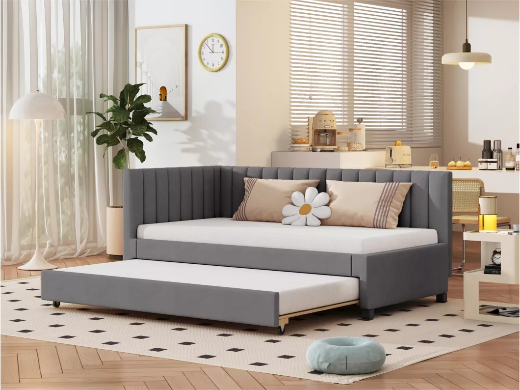 Kauf Unique Einzelbett 90x200 cm mit Ausziehbett – mit Samt gepolstert und Lattenrost – Grau