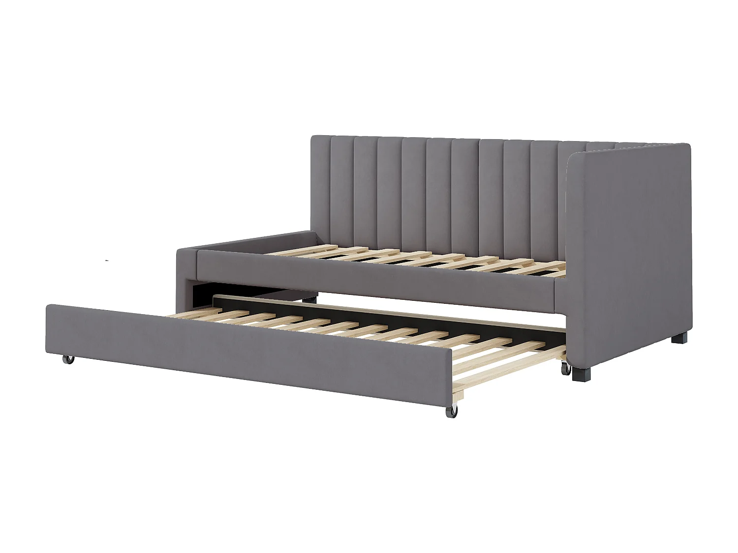 Lit simple 90x200 cm avec un lit gigogne - rembourré en velours avec sommier à lattes - Gris