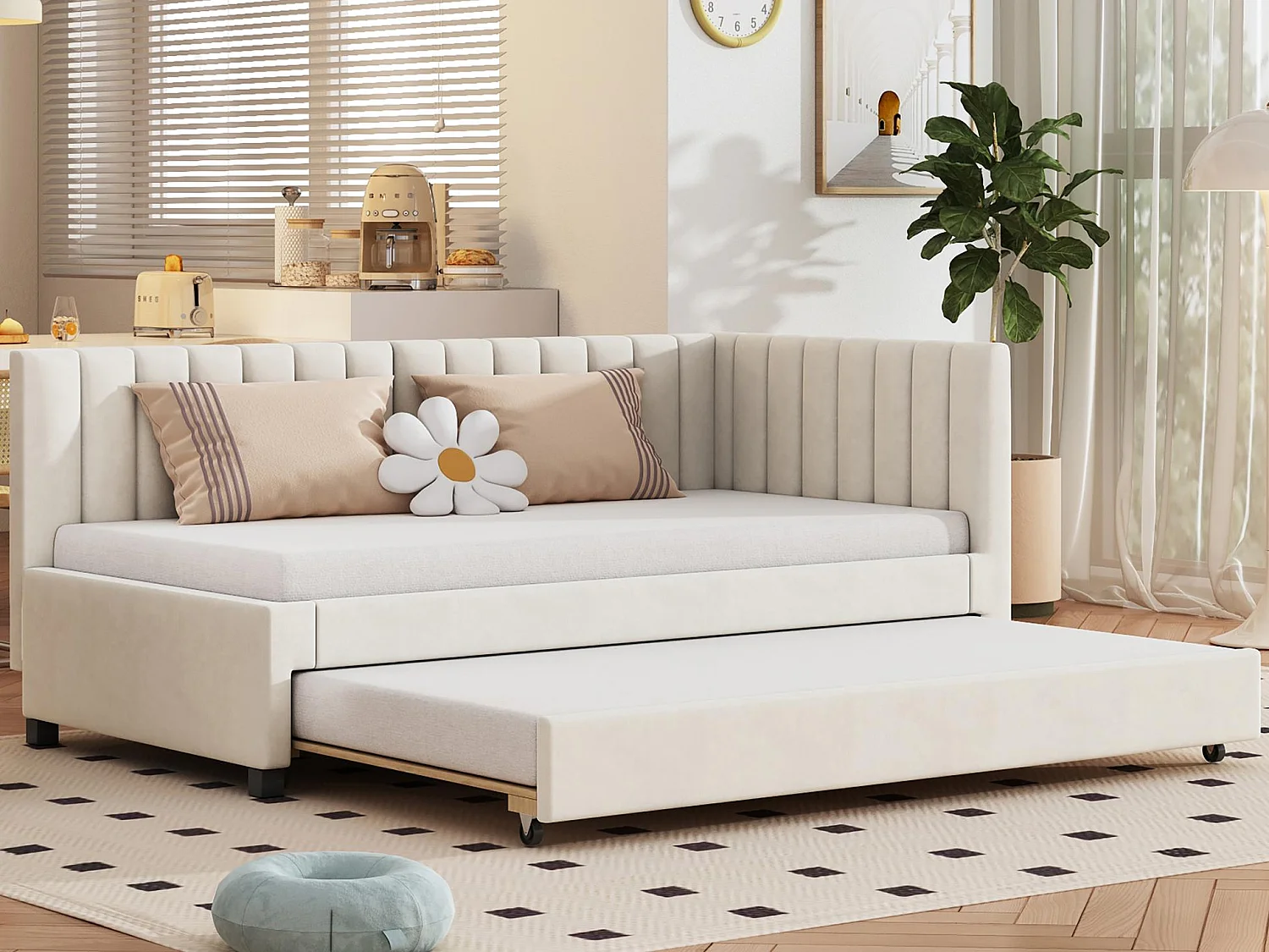 Lit simple 90x200 cm avec un lit gigogne - rembourré en velours avec sommier à lattes - Beige