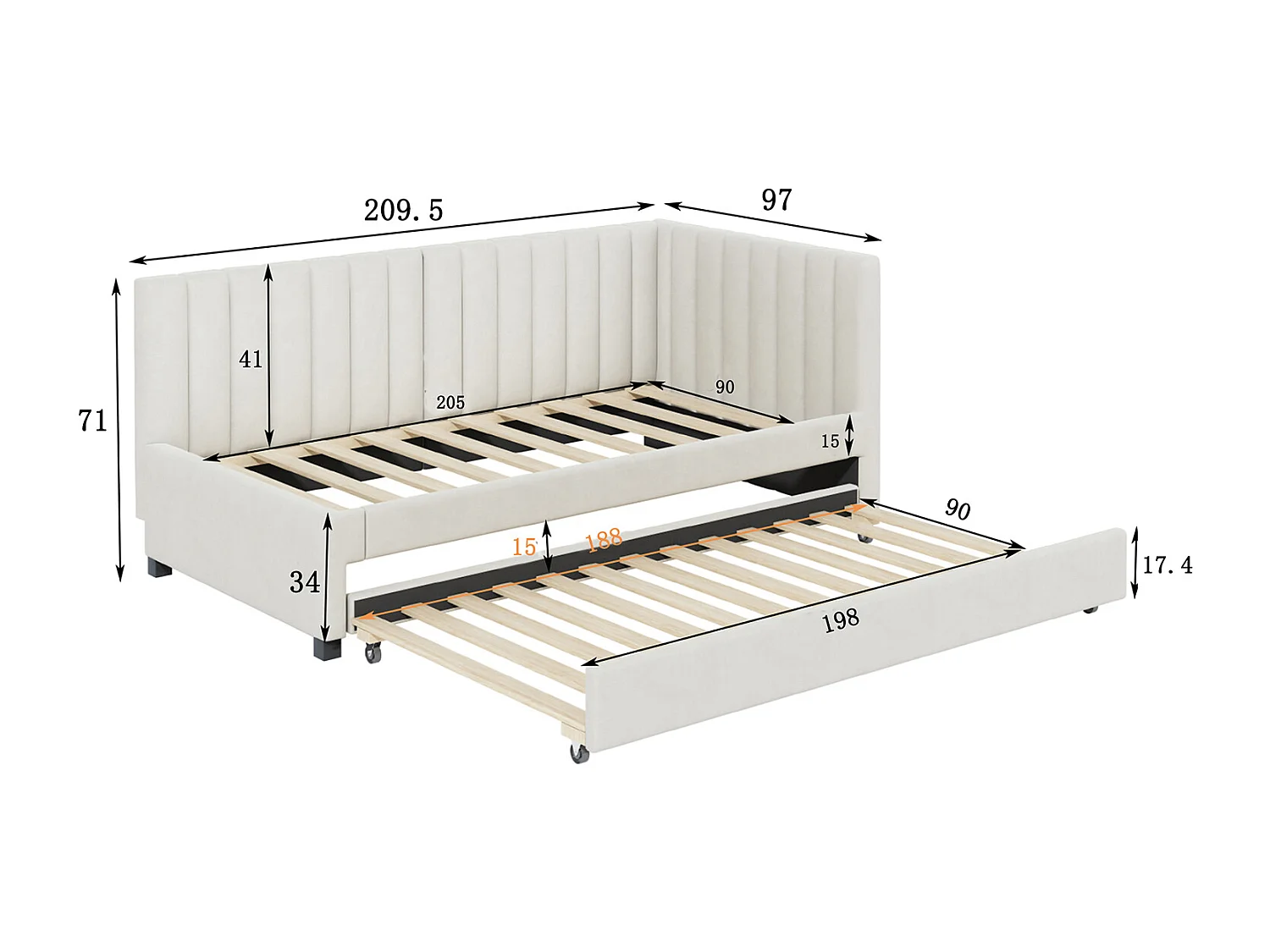 Lit simple 90x200 cm avec un lit gigogne - rembourré en velours avec sommier à lattes - Beige