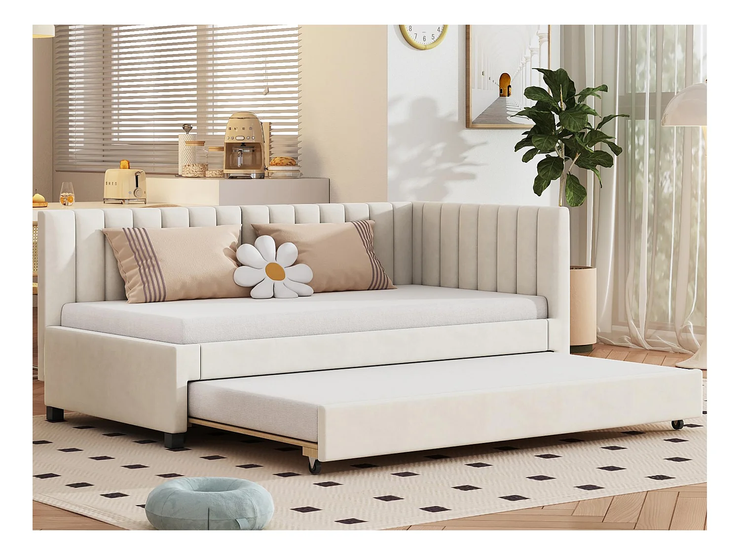 Lit simple 90x200 cm avec un lit gigogne - rembourré en velours avec sommier à lattes - Beige