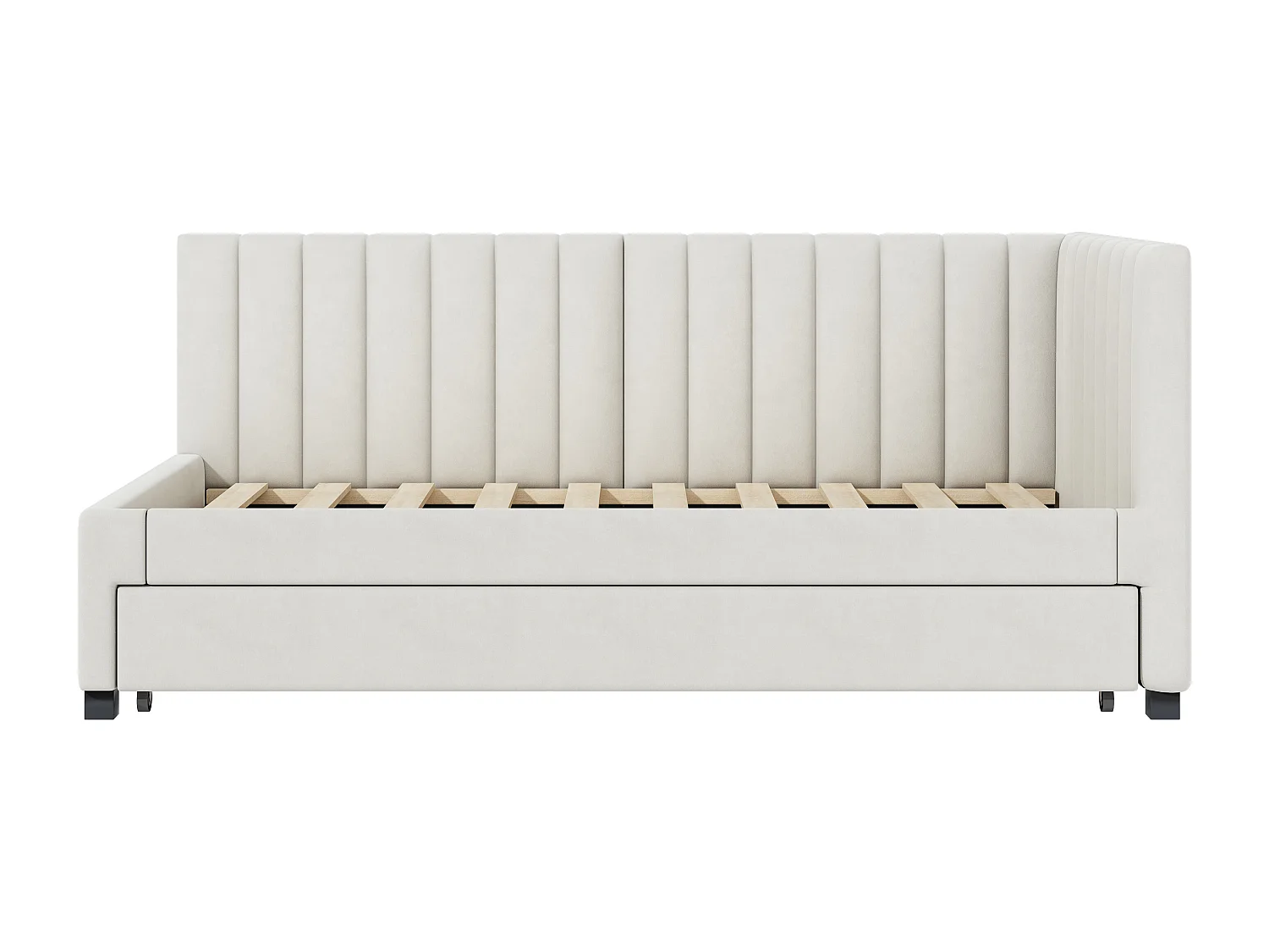 Eenpersoonsbed 90x200 cm met onderschuifbed - bekleed met fluweel met lattenbodem - Beige