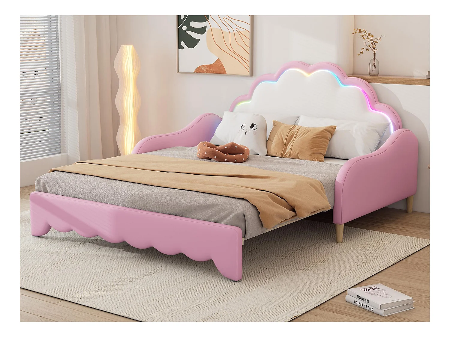 Lit enfant tirable en similicuir - 140x200cm - avec LED et télécommande - Rose (matelas non inclus)