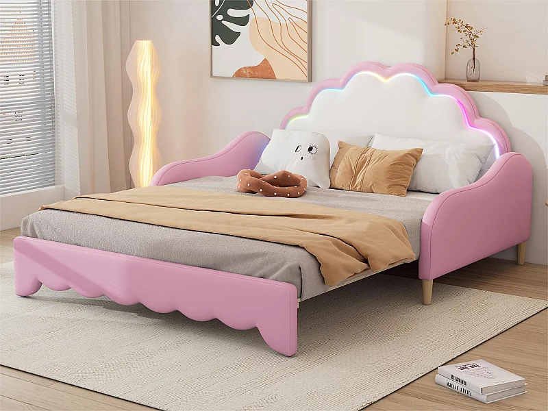 Letto per bambini estraibile in similpelle - 140x200 cm - con LED e telecomando - Rosa (materasso non incluso)
