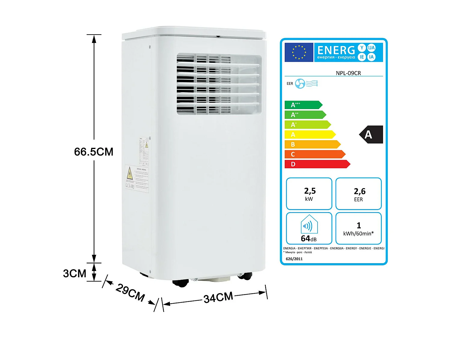 Climatiseur mobile 3-in-1,9000 BTU, 2.5KW, 3 modes avec APP, affichage LED, télécommande, minuterie 24 heures