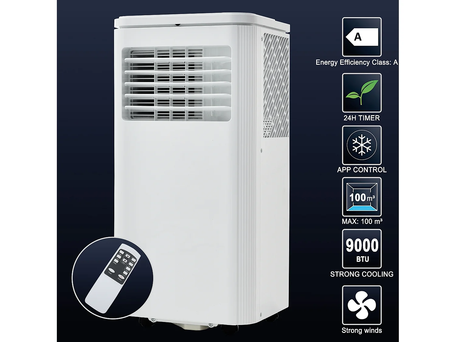 Climatiseur mobile 3-in-1,9000 BTU, 2.5KW, 3 modes avec APP, affichage LED, télécommande, minuterie 24 heures