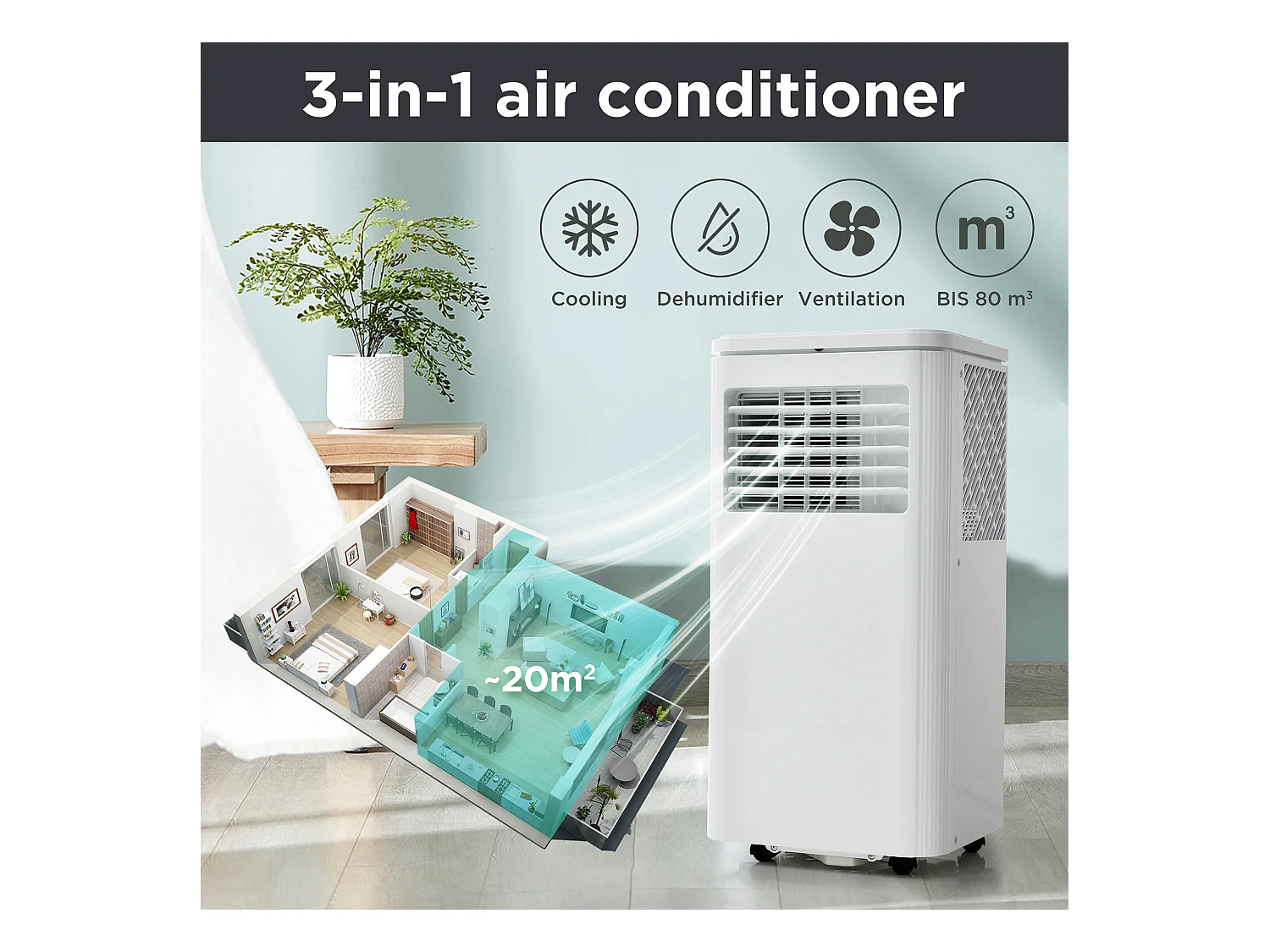 Climatiseur mobile 3-in-1,7000 BTU, 2KW, 3 modes avec APP, affichage LED, télécommande, minuterie 24 heures