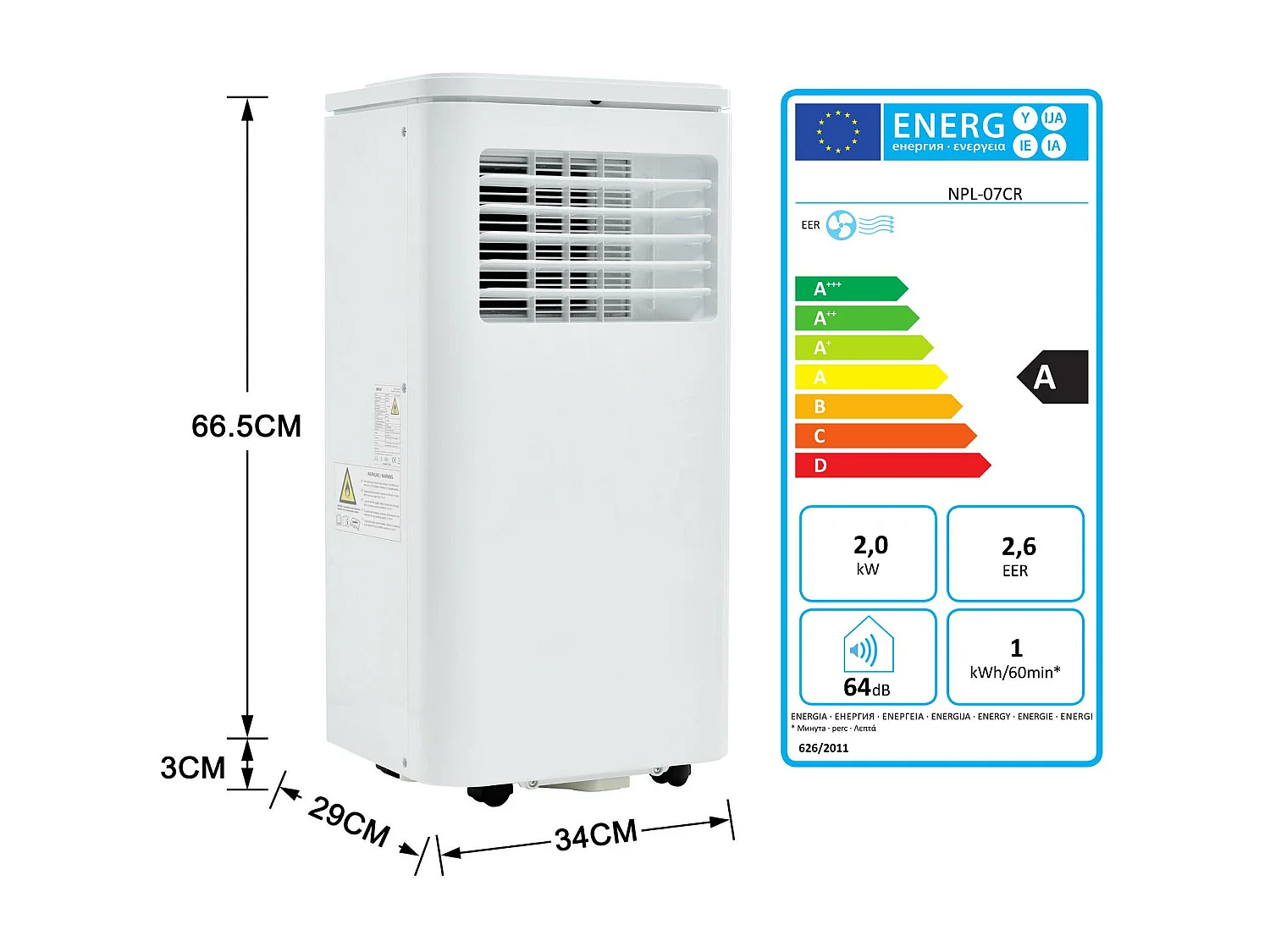 Climatiseur mobile 3-in-1,7000 BTU, 2KW, 3 modes avec APP, affichage LED, télécommande, minuterie 24 heures