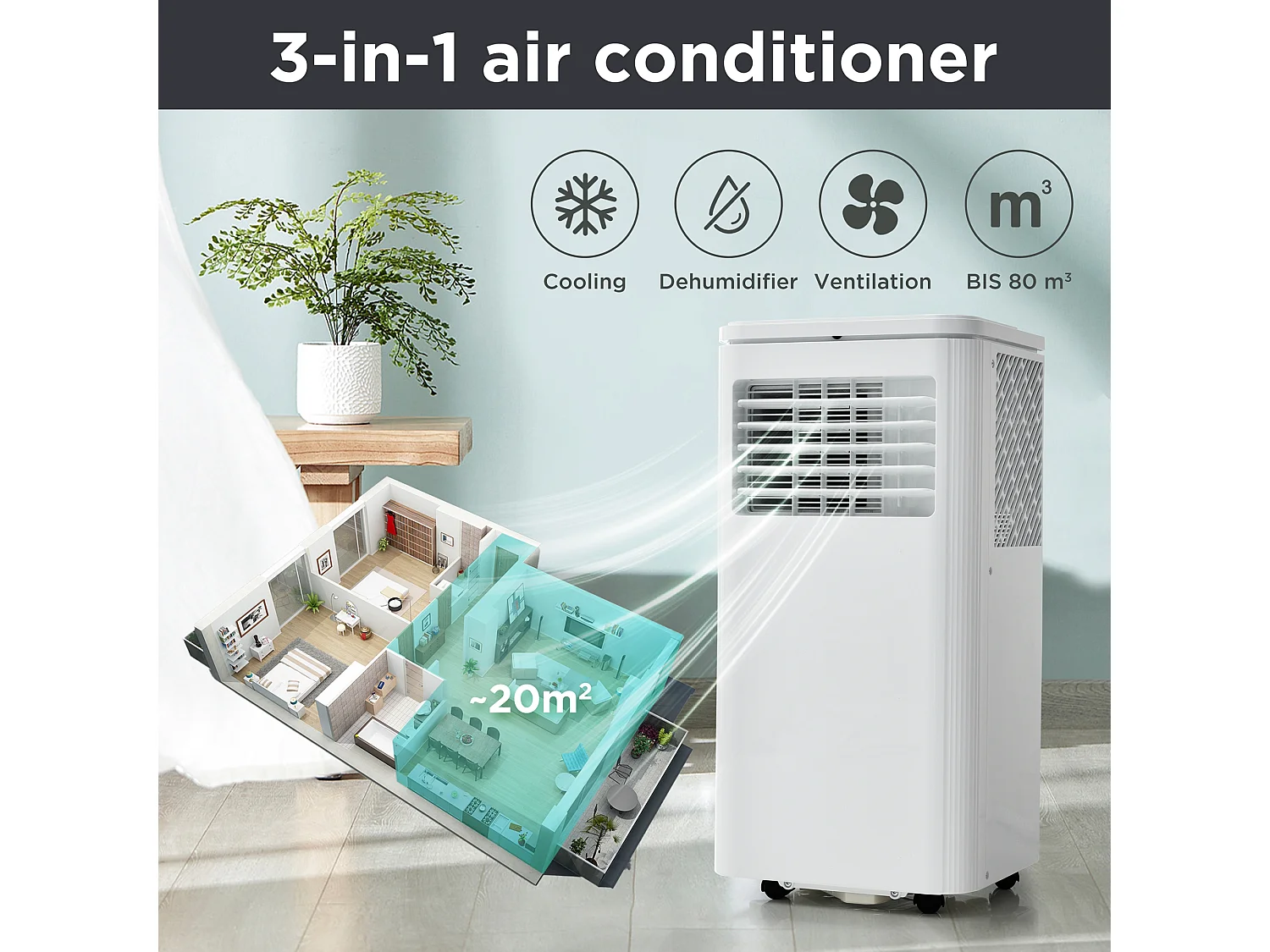 Klimatyzator przenośny 3-w-1, 7000 BTU, 2KW, 3 tryby z aplikacją, wyświetlacz LED, pilot zdalnego sterowania, timer 24 godziny