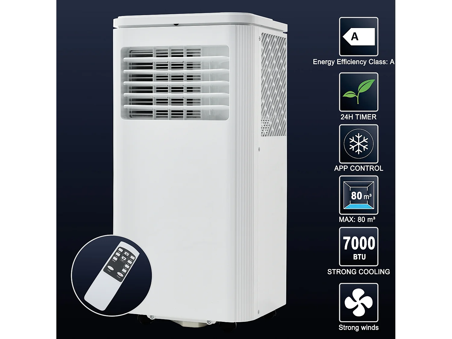 Klimatyzator przenośny 3-w-1, 7000 BTU, 2KW, 3 tryby z aplikacją, wyświetlacz LED, pilot zdalnego sterowania, timer 24 godziny