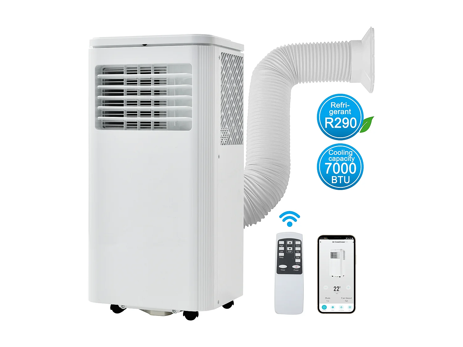 Klimatyzator przenośny 3-w-1, 7000 BTU, 2KW, 3 tryby z aplikacją, wyświetlacz LED, pilot zdalnego sterowania, timer 24 godziny