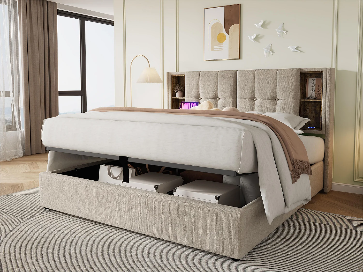 Letto contenitore imbottito 140x200 cm - con ricarica wireless e testata contenitore - tessuto lino - Beige