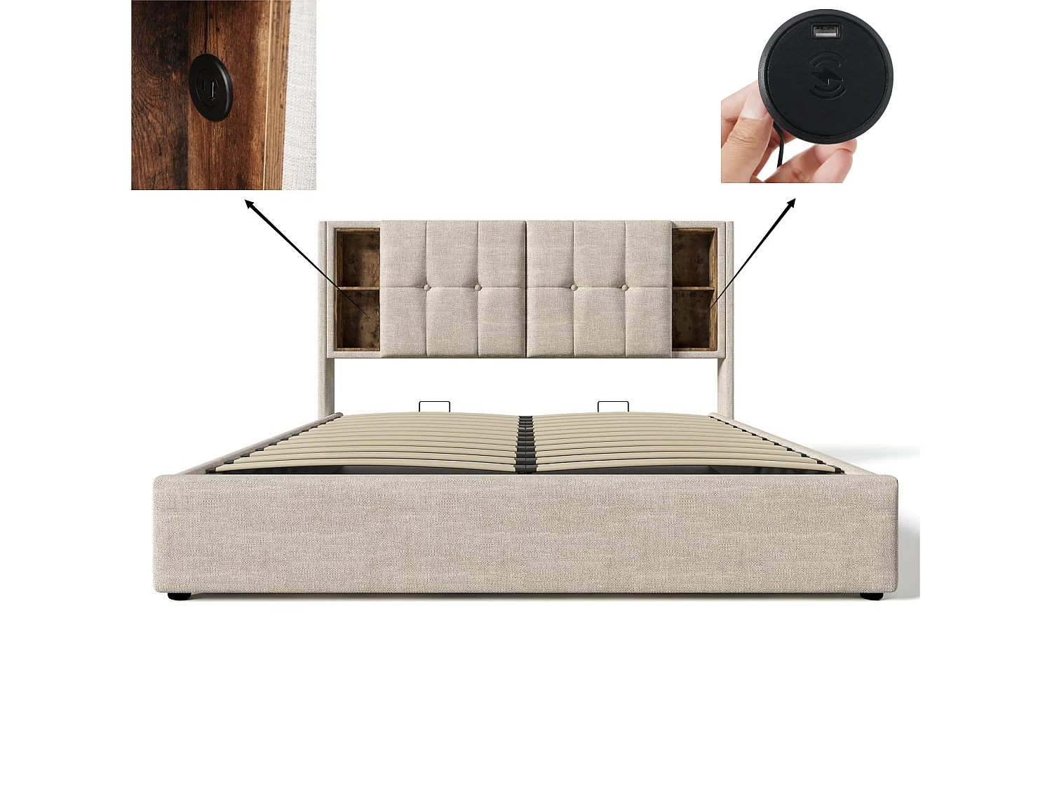 Letto contenitore imbottito 140x200 cm - con ricarica wireless e testata contenitore - tessuto lino - Beige