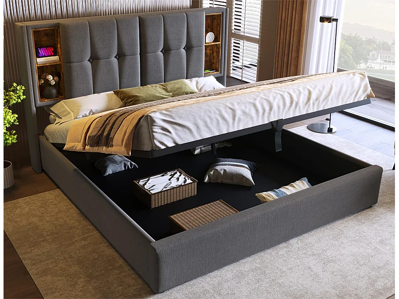 Cama de arrumação acolchoada 180x200 cm - com carregamento sem fios e cabeça de arrumação - tecido de algodão - Cinza