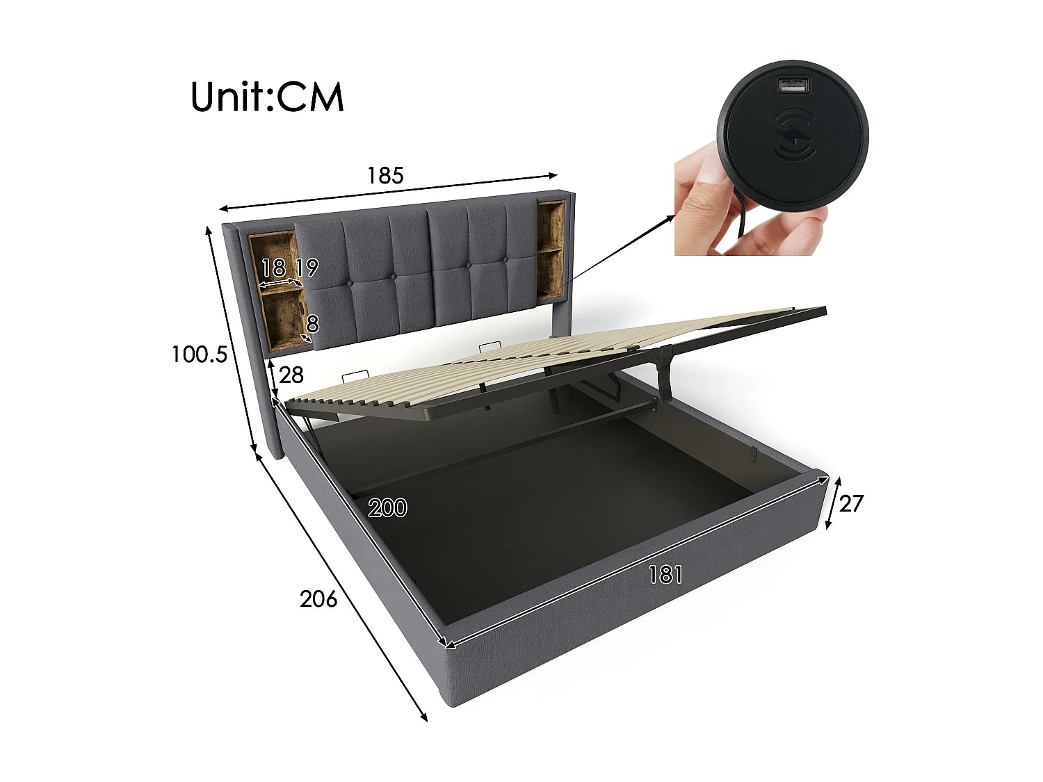 Lit coffre rembourré 180x200 cm - avec chargement sans fil et tête de rangement - tissu en coton - Gris