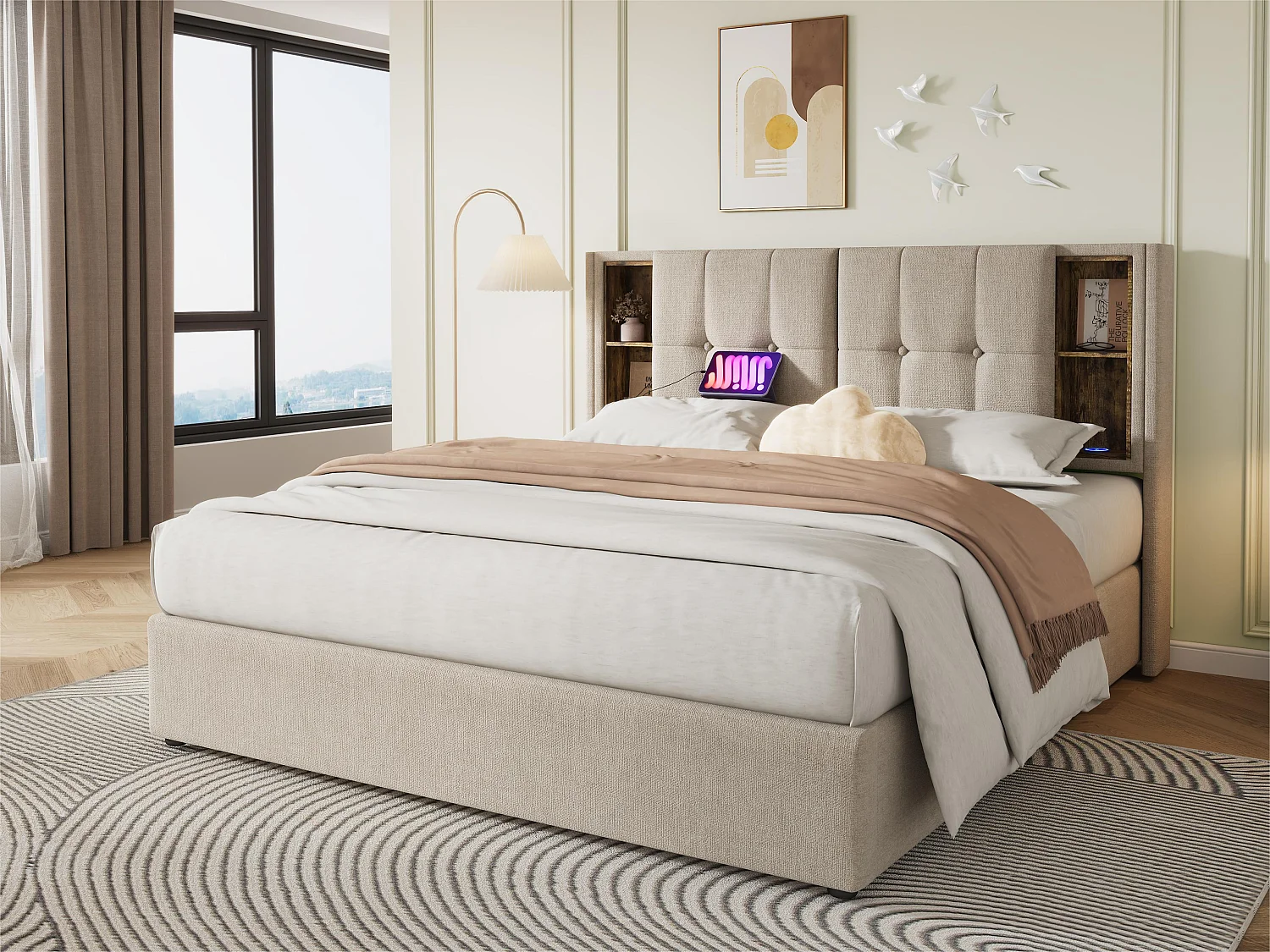 Cama estofada 180x200 cm - com carregamento sem fios e cabeça de arrumação - tecido de linho - Bege