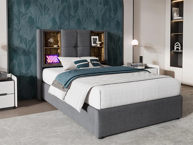 Letto contenitore imbottito 90x200 cm - con ricarica wireless e testina portaoggetti - tessuto cotone - Grigio