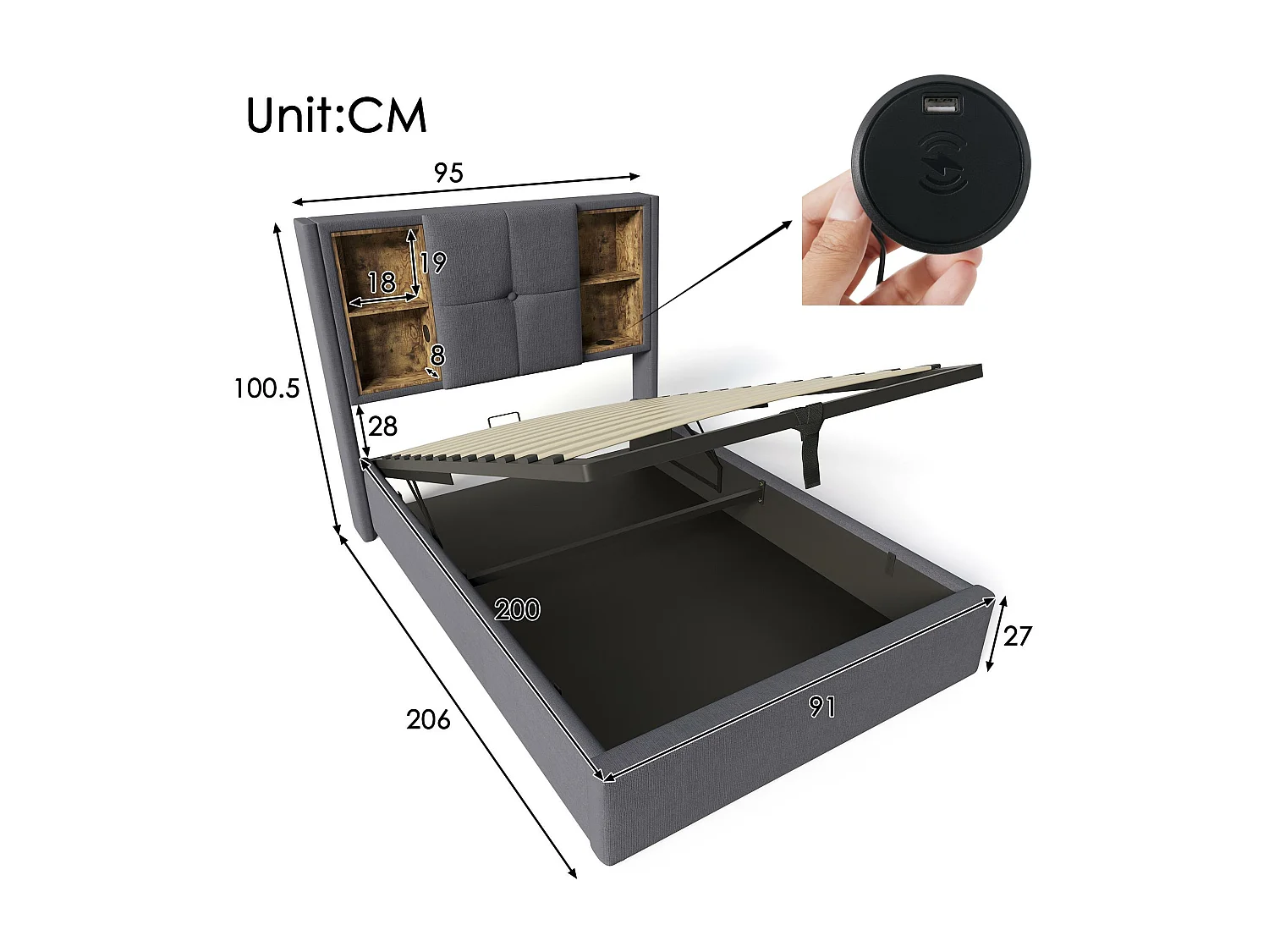 Gepolstertes Stauraumbett 90 x 200 cm – mit kabellosem Lade- und Stauraumkopf – Baumwollstoff – Grau