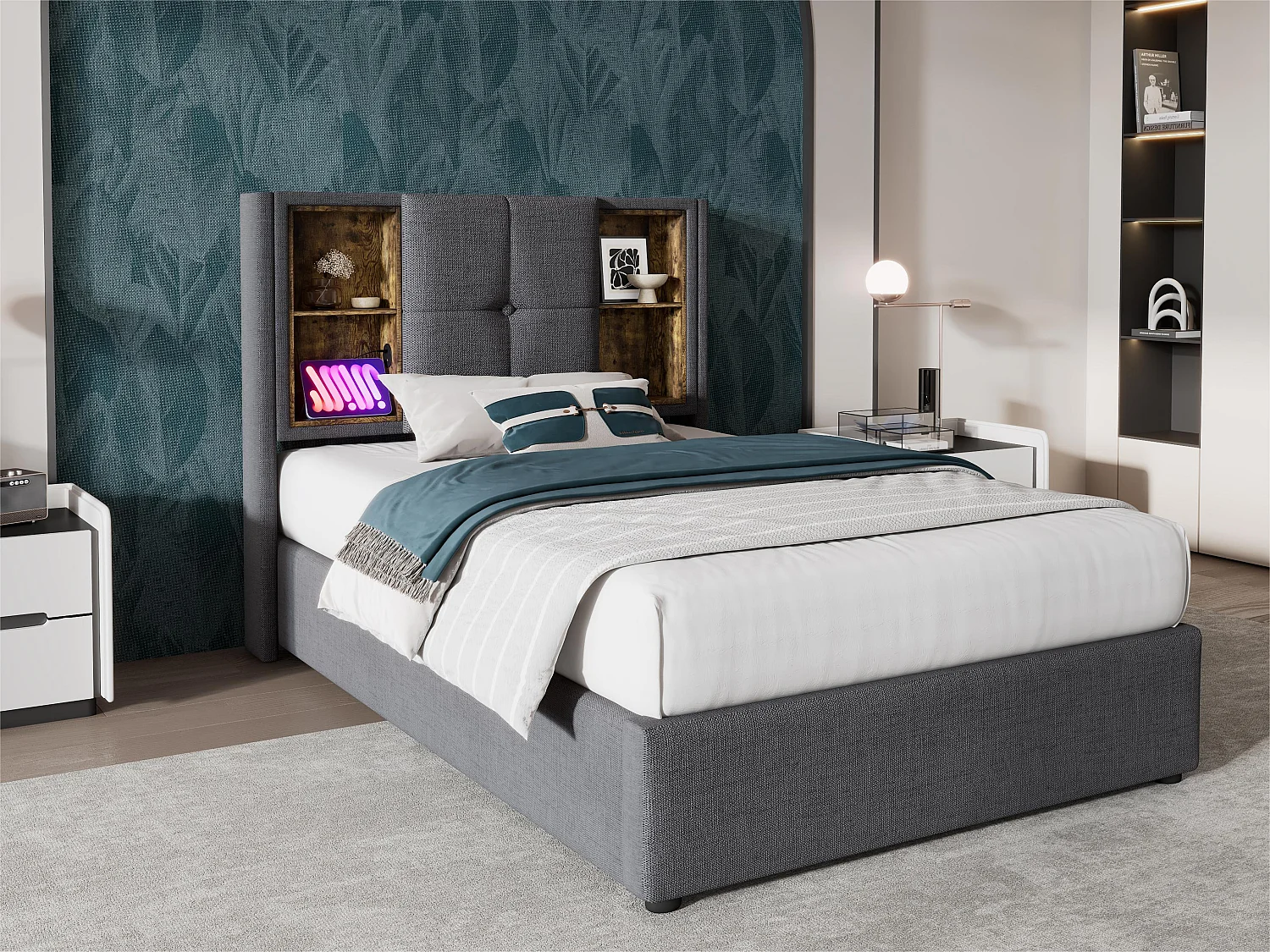 Lit coffre rembourré 90x200 cm - avec chargement sans fil et tête de rangement - tissu en coton - Gris