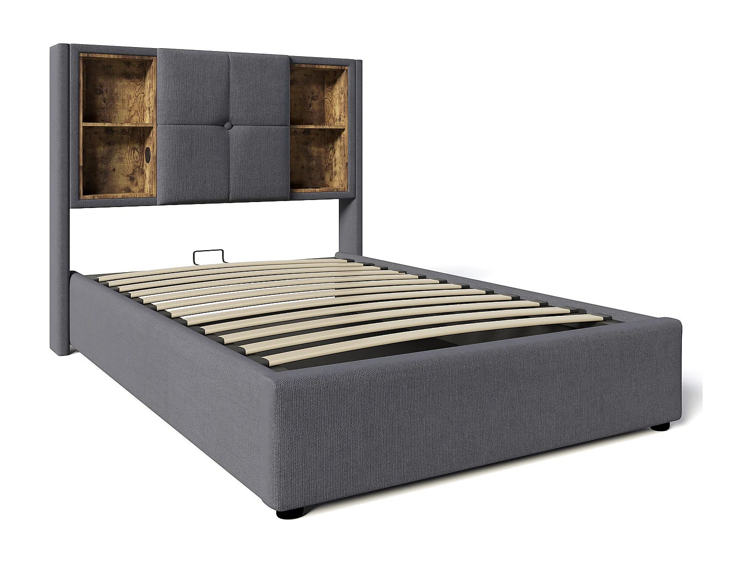 Lit coffre rembourré 90x200 cm - avec chargement sans fil et tête de rangement - tissu en coton - Gris