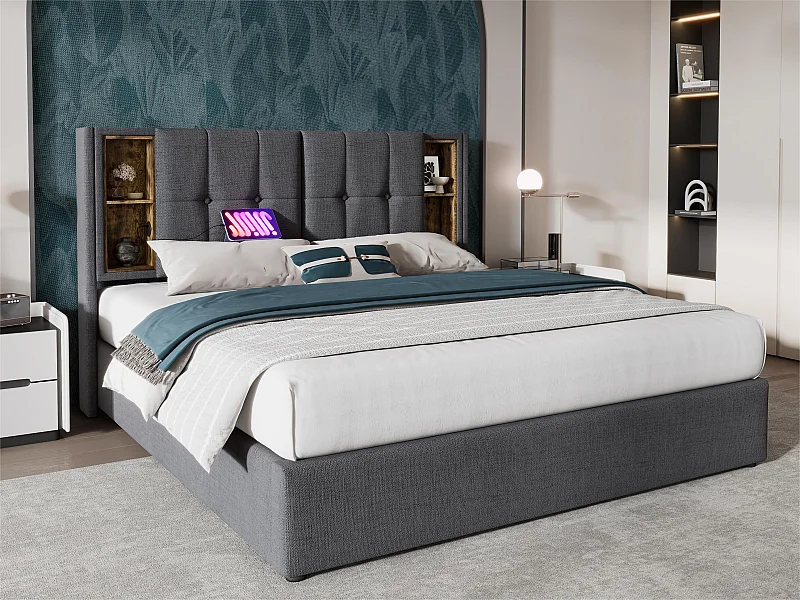 Gepolstertes Stauraumbett 160 x 200 cm – mit kabellosem Lade- und Stauraumkopf – Baumwollstoff – Grau