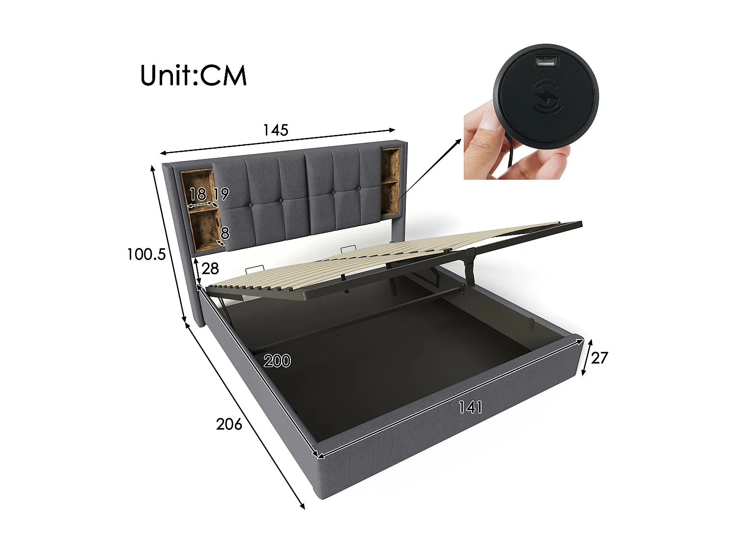 Gepolstertes Stauraumbett 140 x 200 cm – mit kabellosem Lade- und Stauraumkopf – Baumwollstoff – Grau