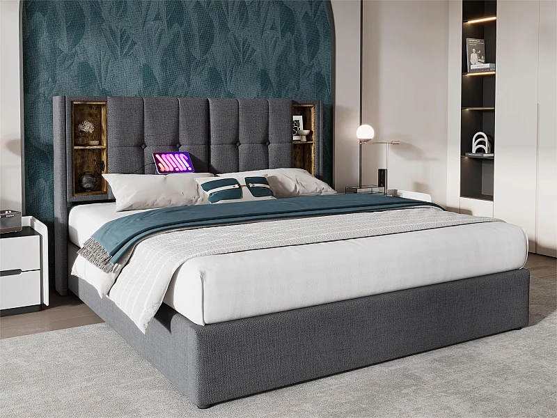 Cama de arrumação acolchoada 140x200 cm - com carregamento sem fios e cabeça de arrumação - tecido de algodão - Cinza