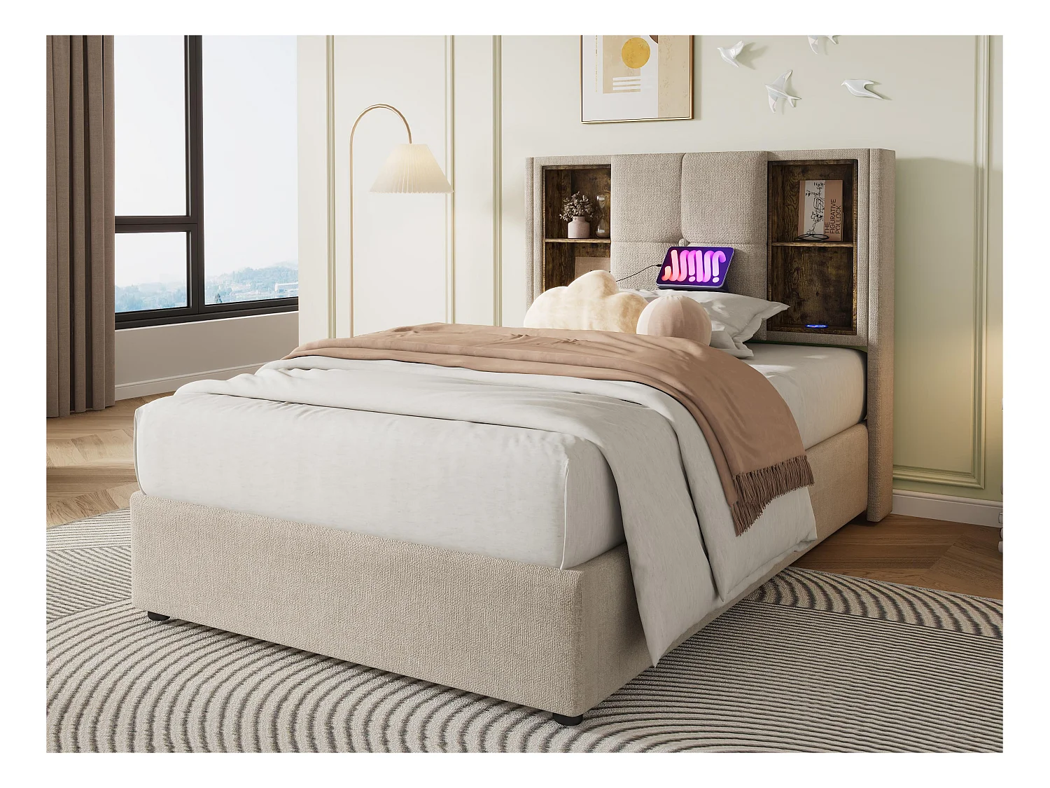 Lit coffre rembourré 90x200 cm - avec chargement sans fil et tête de rangement - tissu en lin - Beige