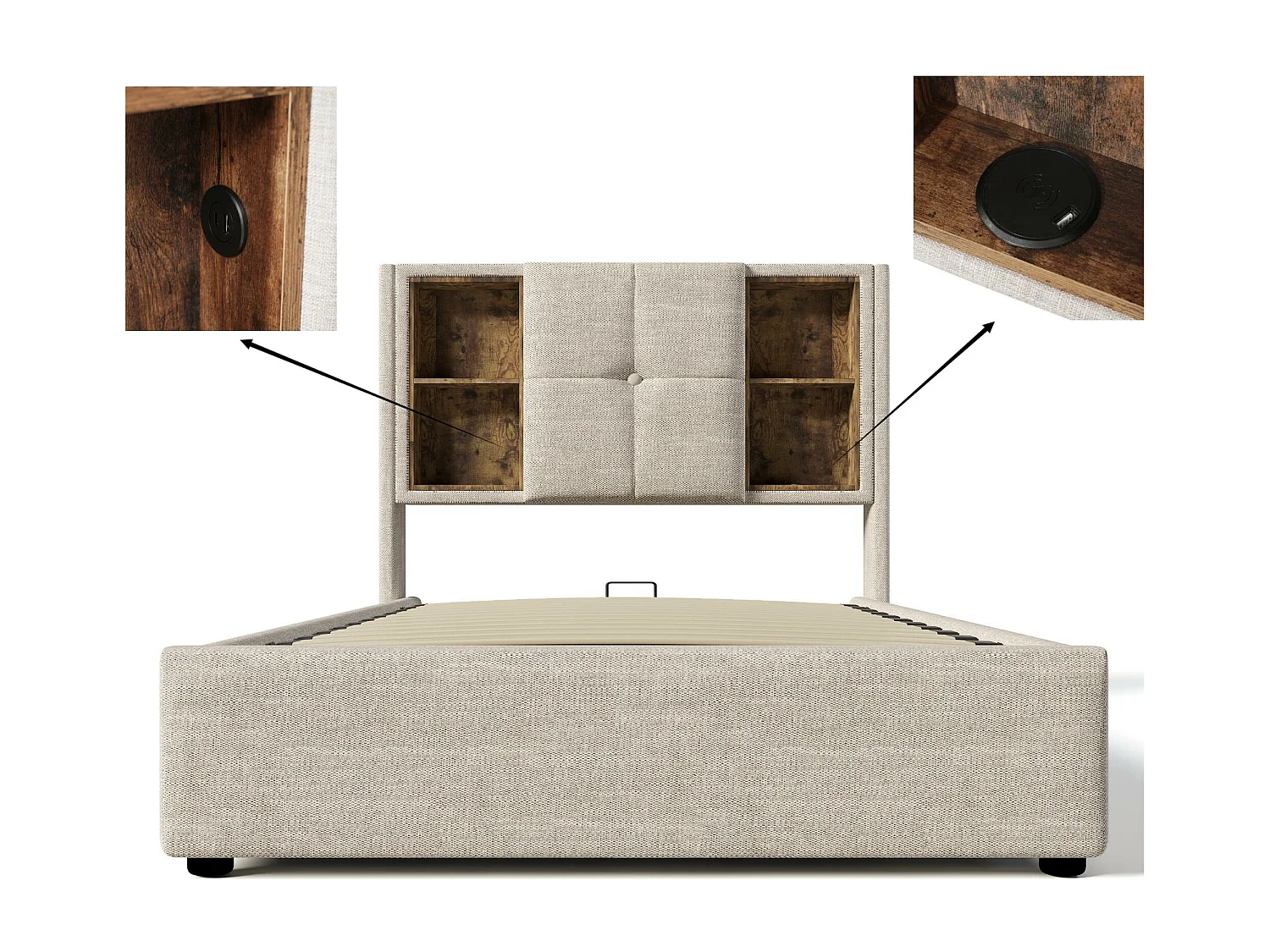 Gestoffeerd opbergbed 90x200 cm - met draadloos opladen en opbergkop - linnen stof - Beige