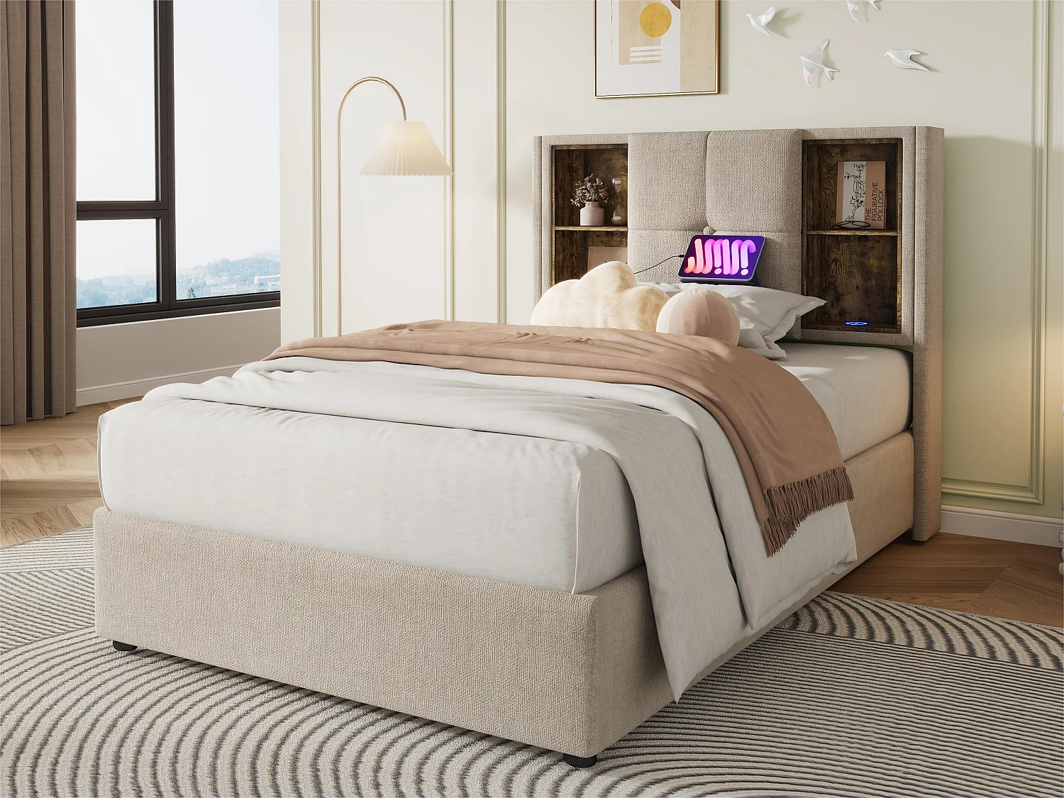 Gestoffeerd opbergbed 90x200 cm - met draadloos opladen en opbergkop - linnen stof - Beige