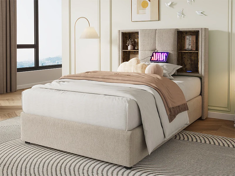 Lit coffre rembourré 90x200 cm - avec chargement sans fil et tête de rangement - tissu en lin - Beige