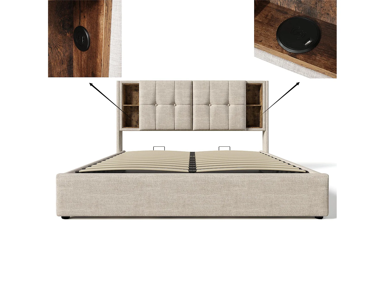 Gepolstertes Stauraumbett 160 x 200 cm – mit kabellosem Laden und Stauraumkopf – Leinenstoff – Beige
