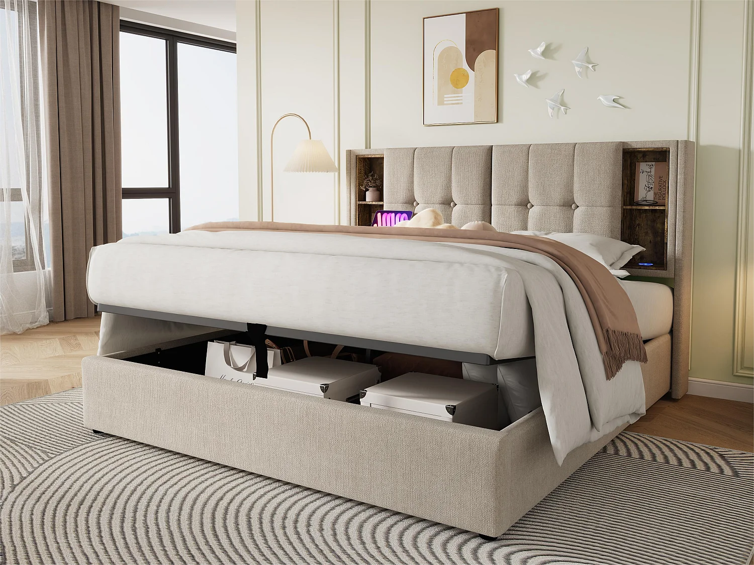 Lit coffre rembourré 160x200 cm - avec chargement sans fil et tête de rangement - tissu en lin - Beige