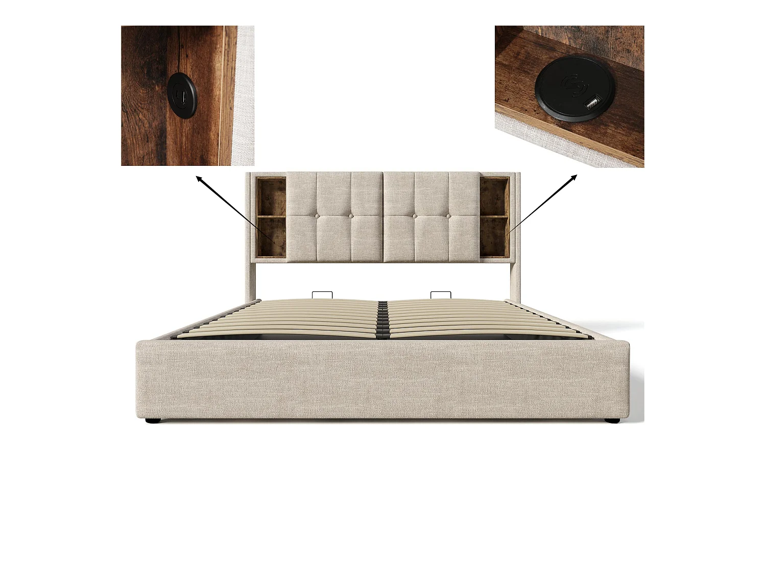 Cama contenedor tapizada 160x200 cm - con carga inalámbrica y cabezal de almacenamiento - tela de lino - Beige
