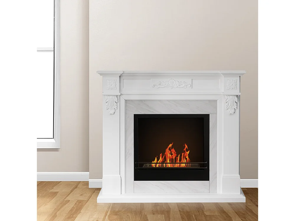 Cheminée au bioéthanol Cheminée bio au sol TRUMAN Effet marbre blanc L121 x P38 x H108