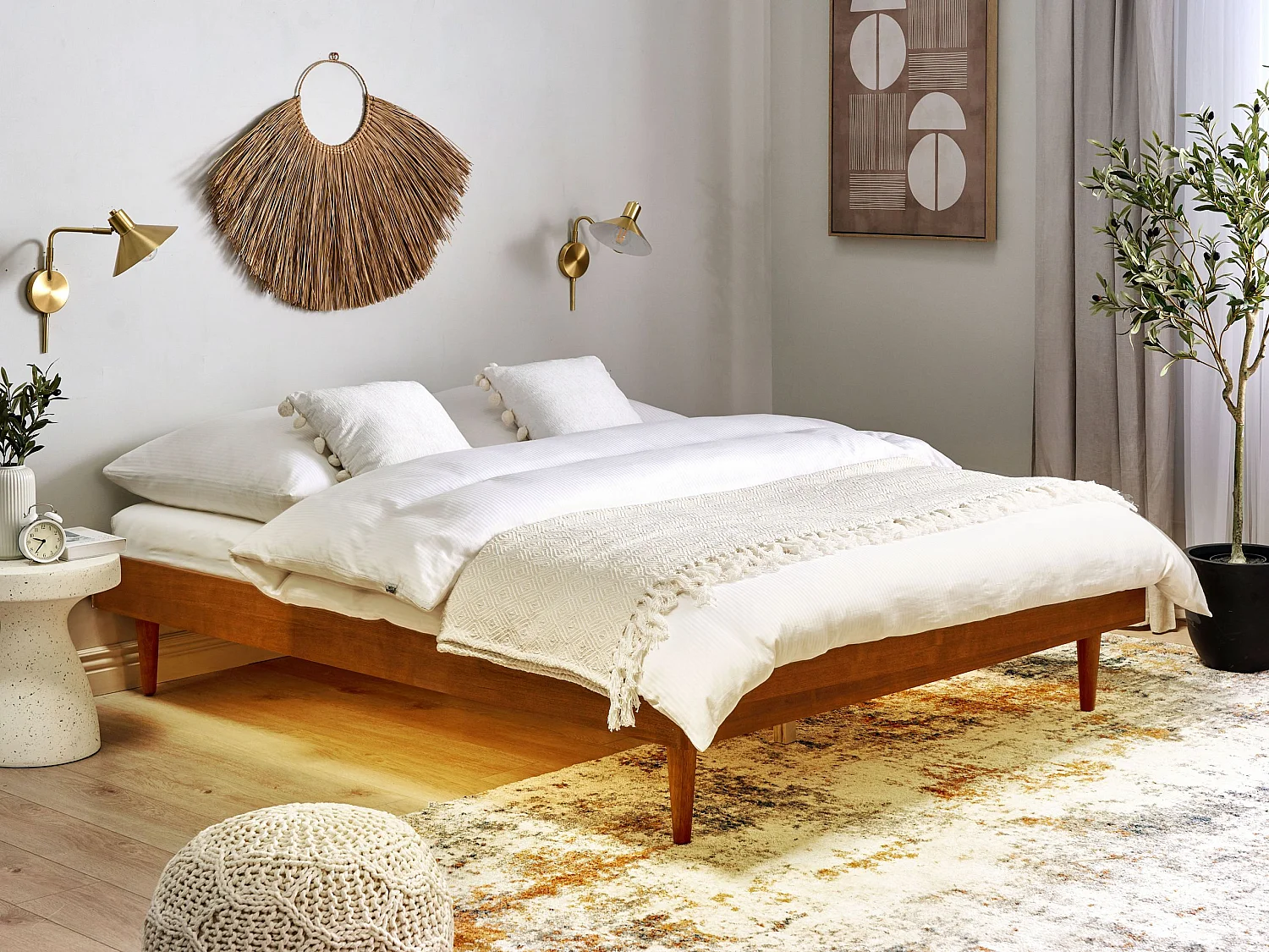 Cama com LED Madeira TOUCY 160 x 200 cm Castanho claro