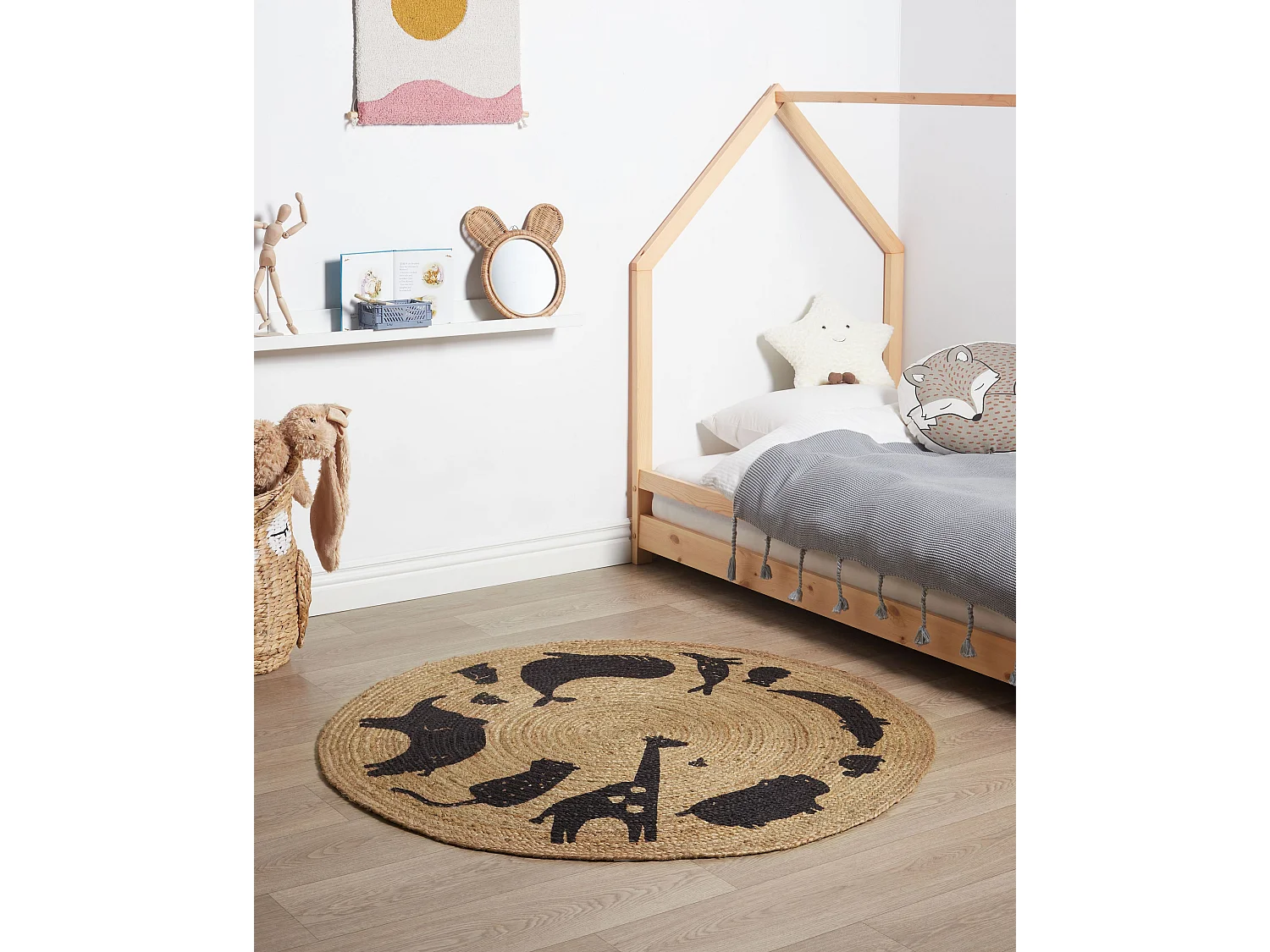 Tappeto per bambini juta beige con animali ⌀ 120 cm EARTH
