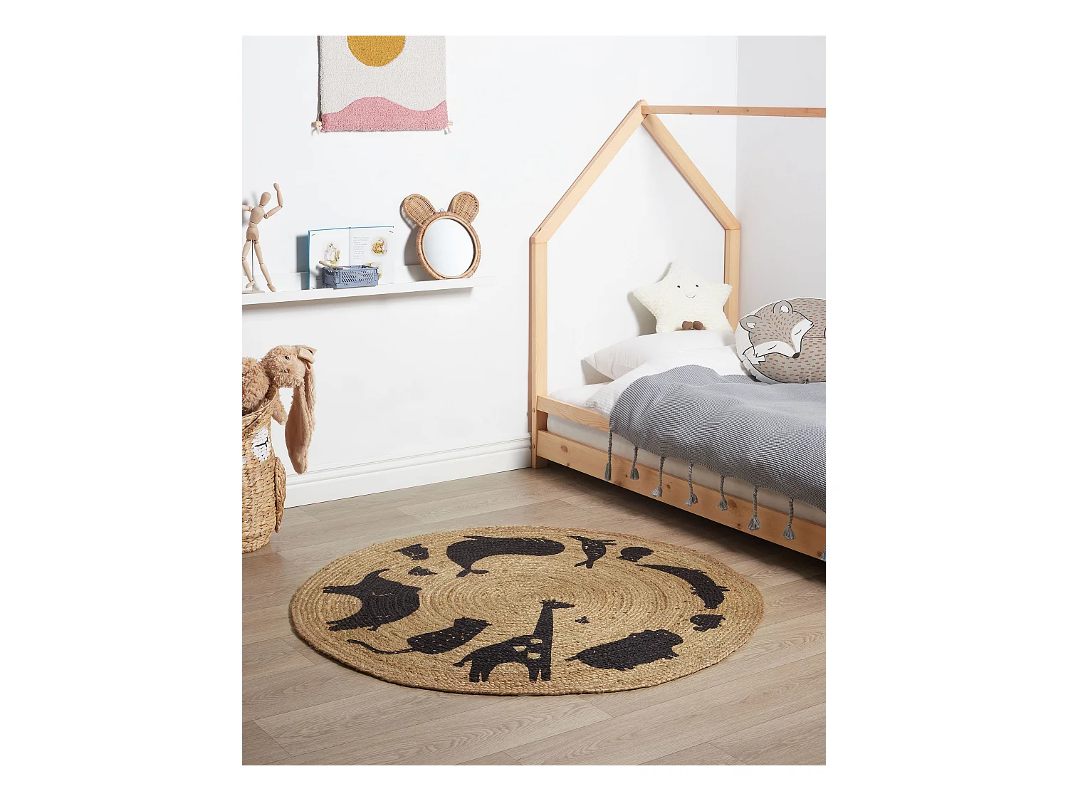 Kinderteppich aus Jute beige Tiermotiv rund ⌀ 120 cm für Kinderzimmer Earth