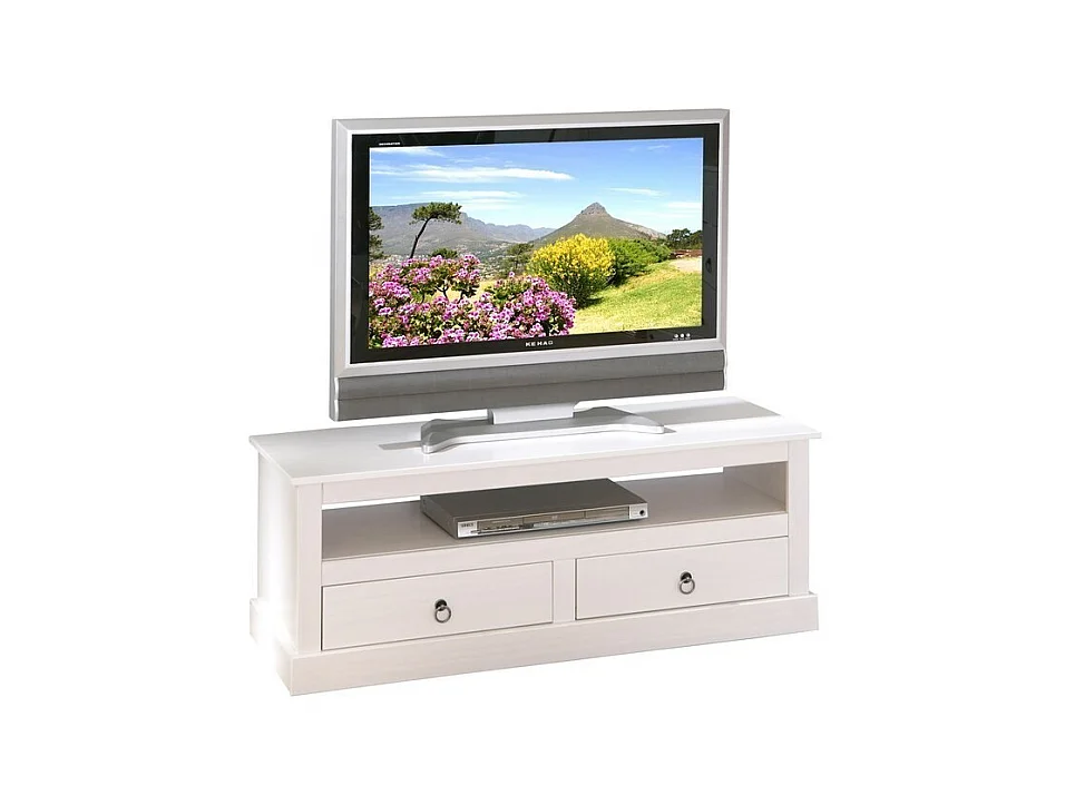 Meuble TV en Pin Massif "Abigael" 118cm Blanc