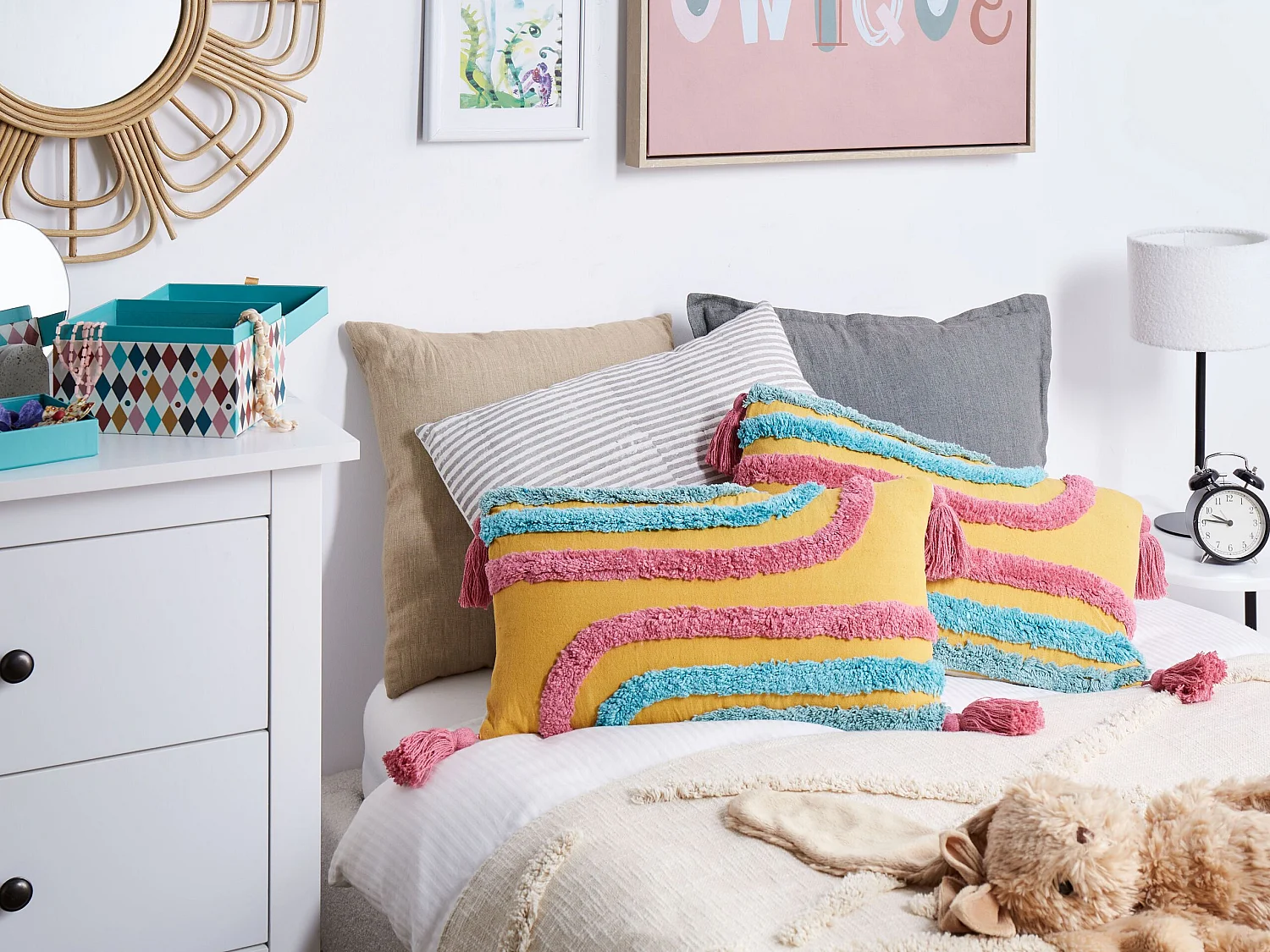 Dekokissen 2er Set Baumwolle bunt / gelb getuftet Quasten 30 x 50 cm Dolichos