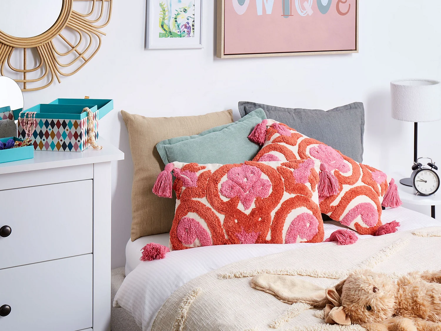 Dekokissen 2er Set Baumwolle rosa/rot/weiß getuftet Quasten 30 x 50 cm Fraksinus