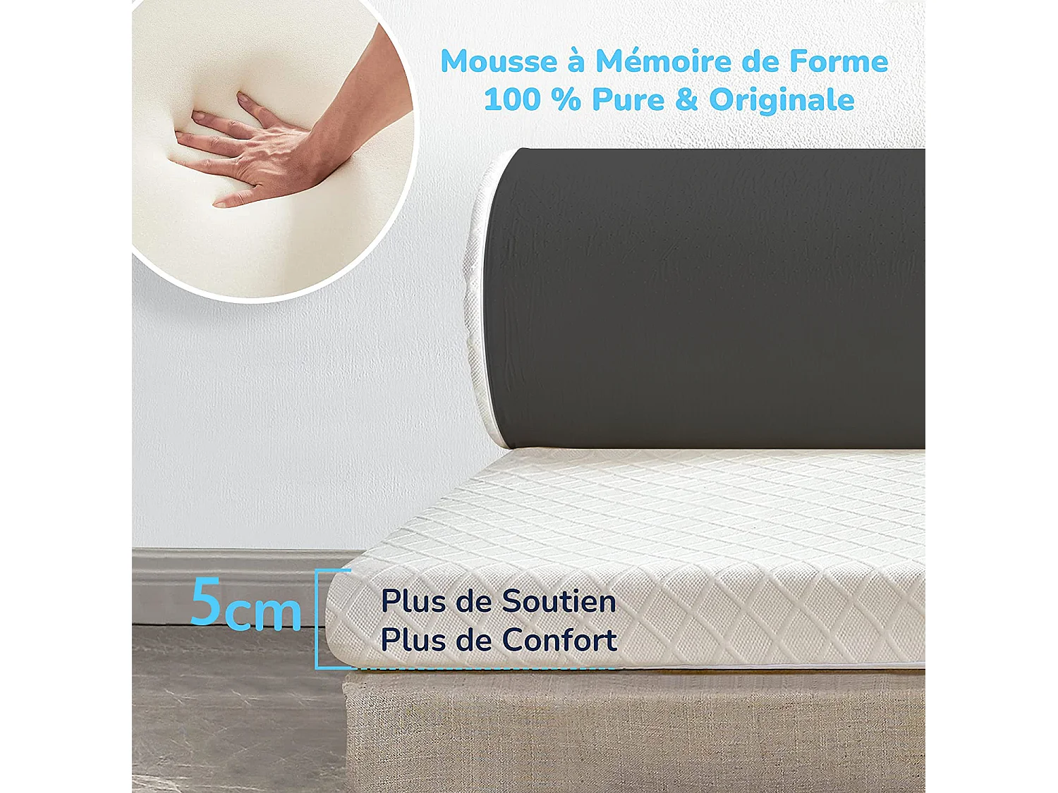 Surmatelas 90x190 cm - Épaisseur 5 cm - Sur-matelas Mousse Mémo Convient aux Matelas 90x190cm pour Adulte Enfant