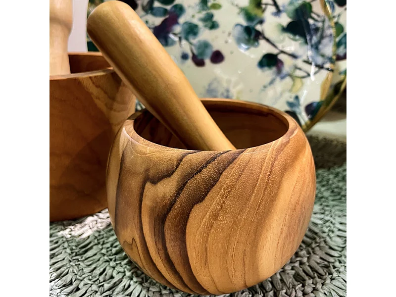 Mortier et pilon de cuisine presse épices rond en bois de teck – YUKI